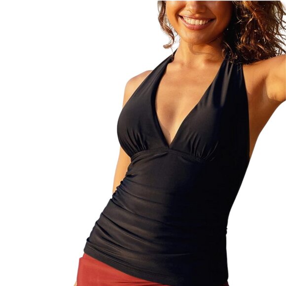 Women's Plus Size Ruched Black Tankini Swimsuit Top Size 18 - Picture 10 of 12